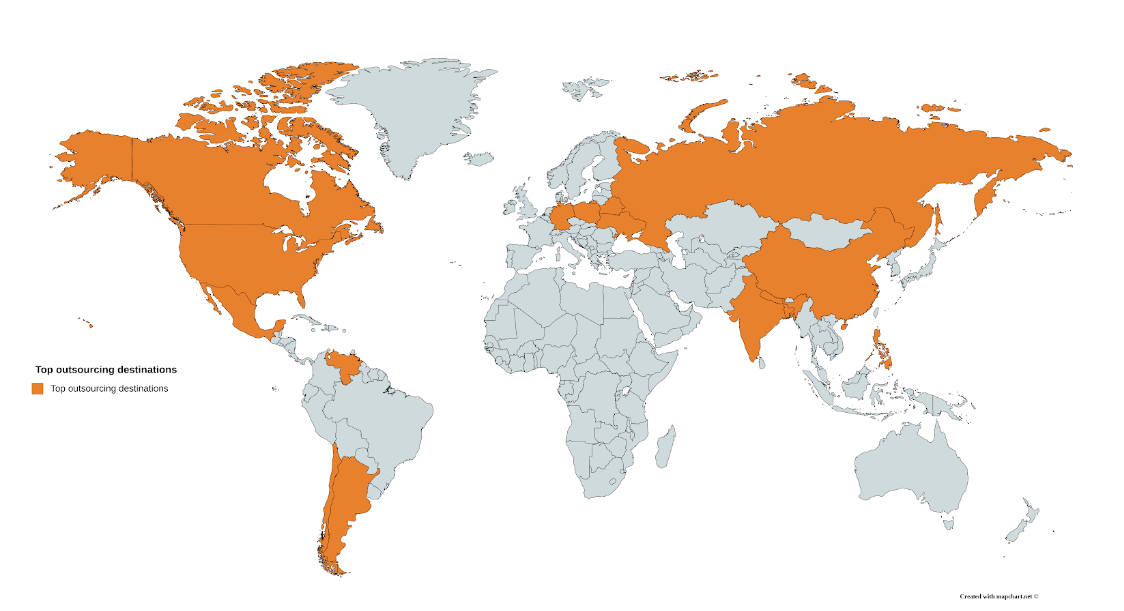 Map view of top outsourcing destinations