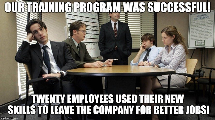 people discussing training employees with new skills helped them leave the company